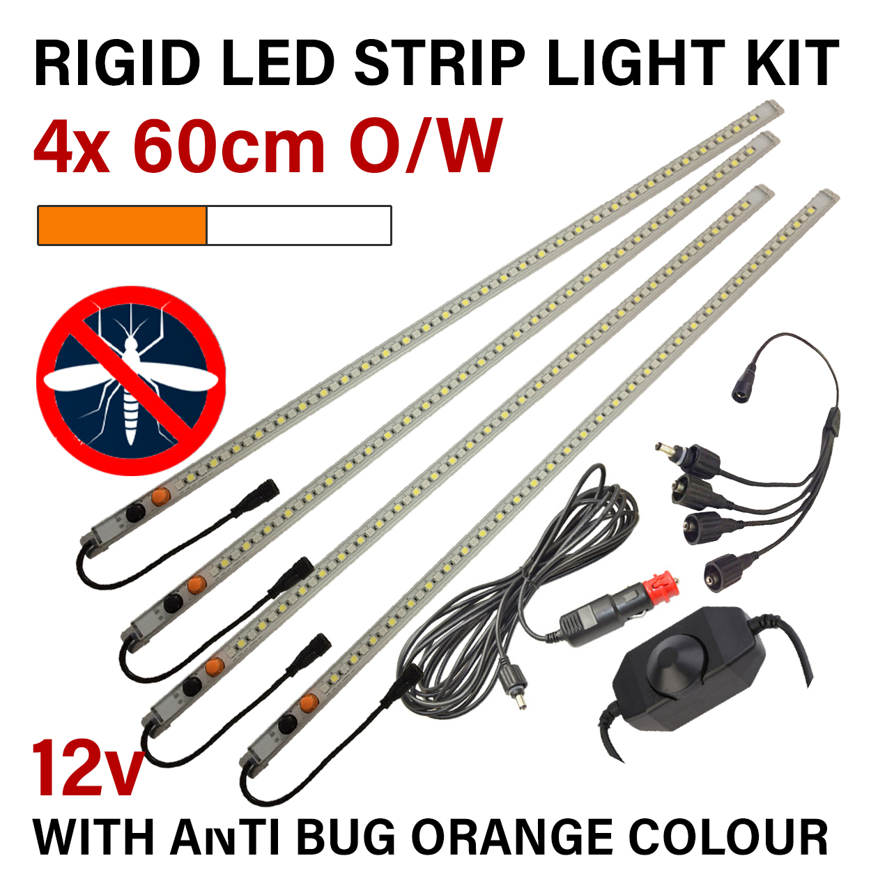 Orange / White 12V Rigid LED Campsite Strip Light Kit - 4 x 600mm (60cm) 