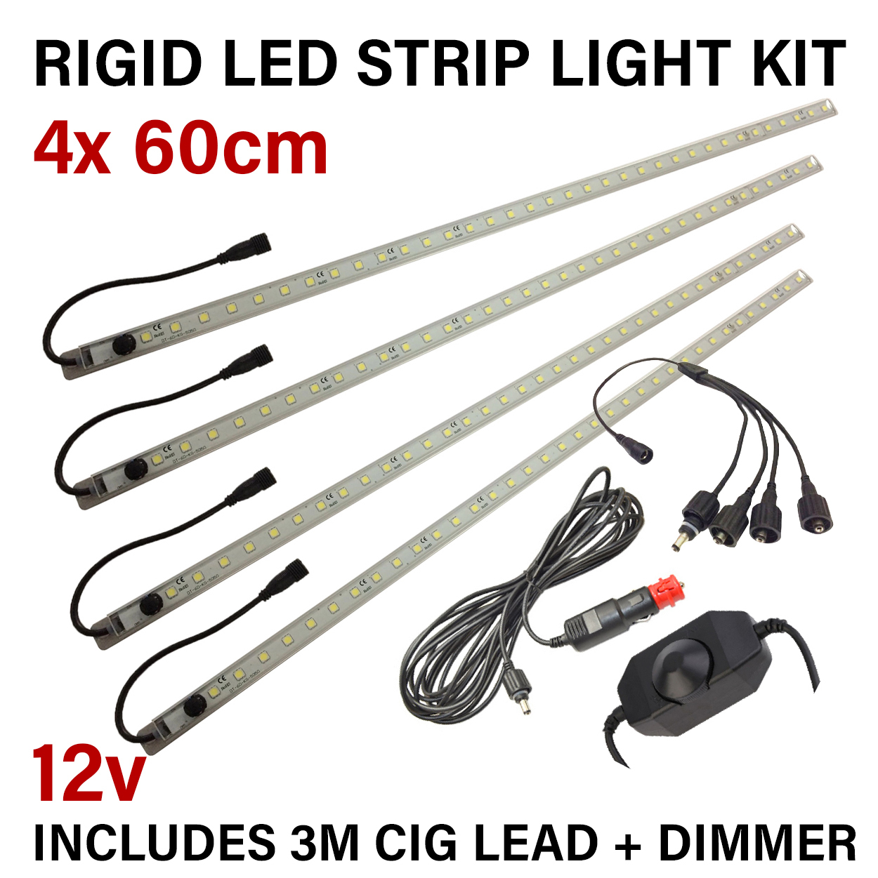 White Rigid 12V LED Campsite Strip Light Kit - 4 x 600mm (60cm) 