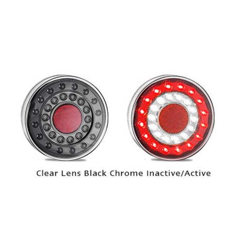 MAXILAMP SINGLE LAMP BLACK CHROME, STOP/TAIL/REVERSE/ROUND REFLECTOR, MULTI VOLT 12-24V, 125MM ROUND X 40MM, ECE, BLISTER PACKING.
