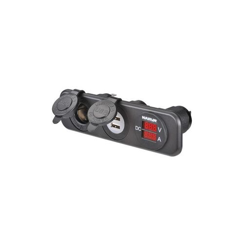 Heavy-Duty Accessory /Dual USB Sockets and 12/24V DC LED Amp/Volt Meters - NARVA Part No. 81185BL